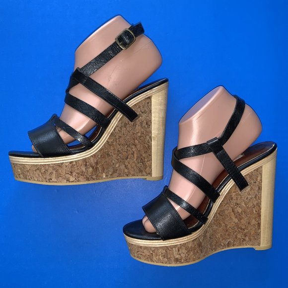 CYNTHIA VINCENT BLACK STRAP CORK WEDGE PLATFORM SHOES SIZE 7 - Picture 2 of 6